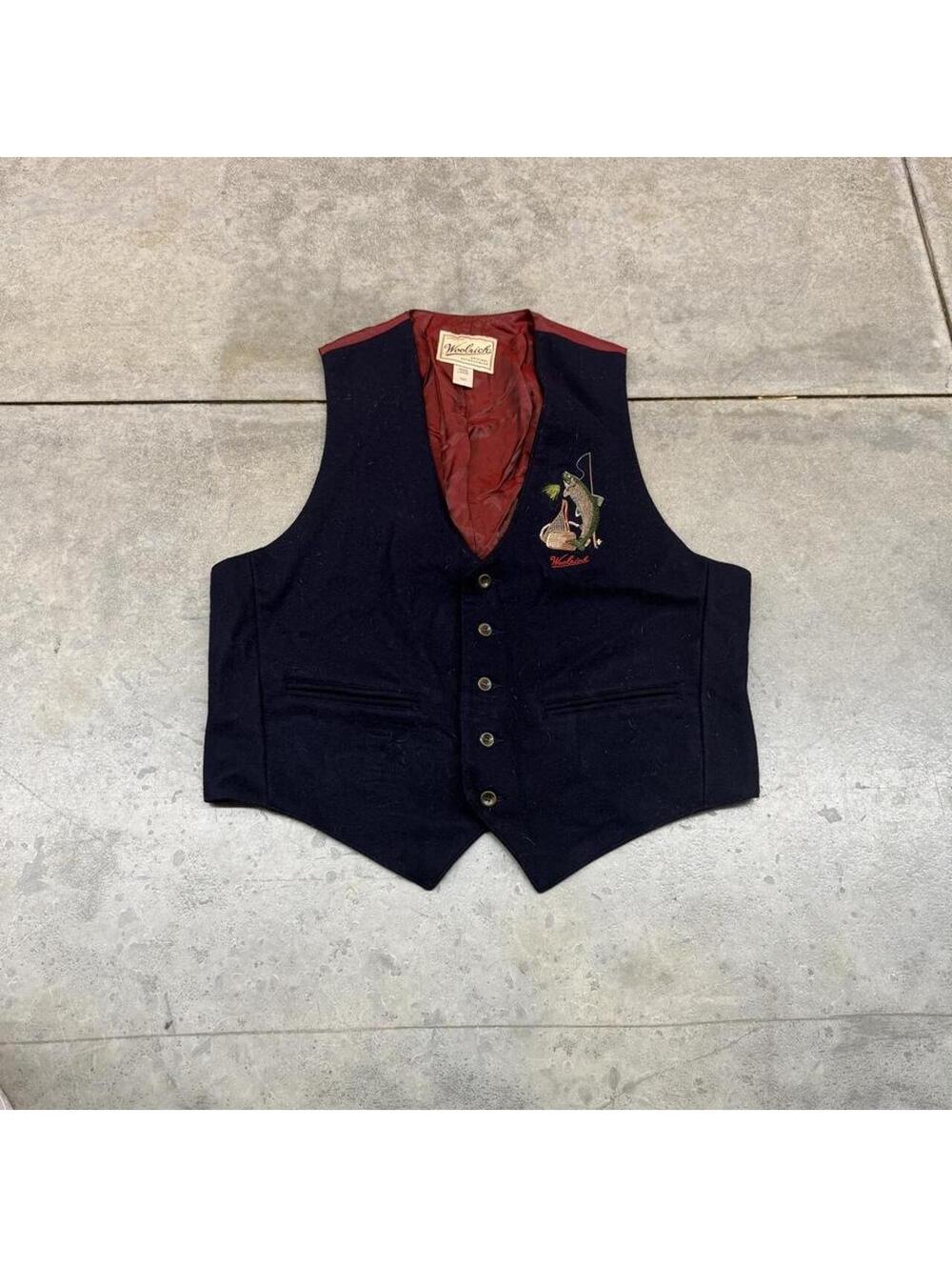vintage woolrich fishing wool navy and red button down vest size large